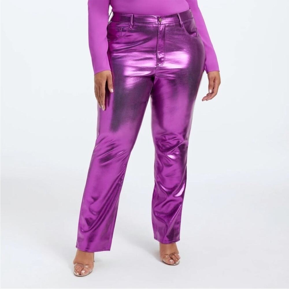 Good American Good Icon Metallic Faux‎ Leather Pants Straight Leg Thistle Purple